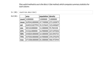 One useful method to use is the d
e
s
c
r
i
b
e
method, which computes summary statistics for
each column:
I
n
 
[
3
8
]
: c
o
u
n
t
r
i
e
s
.
d
e
s
c
r
i
b
e
(
)
O
u
t
[
3
8
]
: area population density
count 5.000000 5.000000 5.000000
mean 269042.800000 47.740000 273.183879
std 264012.827994 31.519645 123.440607
min 30510.000000 11.300000 95.783158
25% 41526.000000 16.900000 227.699202
50% 244820.000000 64.300000 265.092721
75% 357050.000000 64.900000 370.370370
max 671308.000000 81.300000 406.973944
 