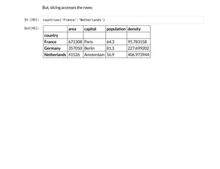 But, slicing accesses the rows:
I
n
 
[
4
5
]
: c
o
u
n
t
r
i
e
s
[
'
F
r
a
n
c
e
'
:
'
N
e
t
h
e
r
l
a
n
d
s
'
]
O
u
t
[
4
5
]
: area capital population density
country
France 671308 Paris 64.3 95.783158
Germany 357050 Berlin 81.3 227.699202
Netherlands 41526 Amsterdam 16.9 406.973944
 