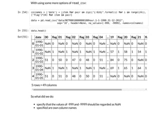 With using some more options of r
e
a
d
_
c
s
v
:
I
n
 
[
5
4
]
: c
o
l
n
a
m
e
s = [
'
d
a
t
e
'
] + [
i
t
e
m f
o
r p
a
i
r i
n z
i
p
(
[
"
{
:
0
2
d
}
"
.
f
o
r
m
a
t
(
i
) f
o
r i i
n r
a
n
g
e
(
2
4
)
]
,
[
'
f
l
a
g
'
]
*
2
4
) f
o
r i
t
e
m i
n p
a
i
r
]
d
a
t
a = p
d
.
r
e
a
d
_
c
s
v
(
"
d
a
t
a
/
B
E
T
R
8
0
1
0
0
0
0
8
0
0
1
0
0
h
o
u
r
.
1
-
1
-
1
9
9
0
.
3
1
-
1
2
-
2
0
1
2
"
,
s
e
p
=
'

t
'
, h
e
a
d
e
r
=
N
o
n
e
, n
a
_
v
a
l
u
e
s
=
[
-
9
9
9
, -
9
9
9
9
]
, n
a
m
e
s
=
c
o
l
n
a
m
e
s
)
I
n
 
[
5
5
]
: d
a
t
a
.
h
e
a
d
(
)
O
u
t
[
5
5
]
: date 00 flag 01 flag 02 flag 03 flag 04 ... 19 flag 20 flag 21 flag
0
1990-
01-01
NaN 0 NaN 0 NaN 0 NaN 0 NaN ... NaN 0 NaN 0 NaN 0
1
1990-
01-02
NaN 1 NaN 1 NaN 1 NaN 1 NaN ... 57 1 58 1 54 1
2
1990-
01-03
51 0 50 0 47 0 48 0 51 ... 84 0 75 0 NaN 0
3
1990-
01-04
NaN 1 NaN 1 NaN 1 NaN 1 NaN ... 69 1 65 1 64 1
4
1990-
01-05
51 0 51 0 48 0 50 0 51 ... NaN 0 NaN 0 NaN 0
5 rows × 49 columns
So what did we do:
specify that the values of -999 and -9999 should be regarded as NaN
specified are own column names
 