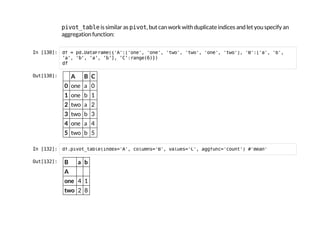 p
i
v
o
t
_
t
a
b
l
e
is similar as p
i
v
o
t
, but can work with duplicate indices and let you specify an
aggregation function:
I
n
 
[
1
3
0
]
: d
f = p
d
.
D
a
t
a
F
r
a
m
e
(
{
'
A
'
:
[
'
o
n
e
'
, '
o
n
e
'
, '
t
w
o
'
, '
t
w
o
'
, '
o
n
e
'
, '
t
w
o
'
]
, '
B
'
:
[
'
a
'
, '
b
'
,
'
a
'
, '
b
'
, '
a
'
, '
b
'
]
, '
C
'
:
r
a
n
g
e
(
6
)
}
)
d
f
O
u
t
[
1
3
0
]
: A B C
0 one a 0
1 one b 1
2 two a 2
3 two b 3
4 one a 4
5 two b 5
I
n
 
[
1
3
2
]
: d
f
.
p
i
v
o
t
_
t
a
b
l
e
(
i
n
d
e
x
=
'
A
'
, c
o
l
u
m
n
s
=
'
B
'
, v
a
l
u
e
s
=
'
C
'
, a
g
g
f
u
n
c
=
'
c
o
u
n
t
'
) #
'
m
e
a
n
'
O
u
t
[
1
3
2
]
: B a b
A
one 4 1
two 2 8
 
