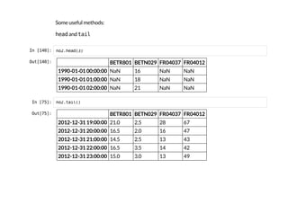 Some useful methods:
h
e
a
d
and t
a
i
l
I
n
 
[
1
4
0
]
: n
o
2
.
h
e
a
d
(
3
)
O
u
t
[
1
4
0
]
: BETR801 BETN029 FR04037 FR04012
1990-01-01 00:00:00 NaN 16 NaN NaN
1990-01-01 01:00:00 NaN 18 NaN NaN
1990-01-01 02:00:00 NaN 21 NaN NaN
I
n
 
[
7
5
]
: n
o
2
.
t
a
i
l
(
)
O
u
t
[
7
5
]
: BETR801 BETN029 FR04037 FR04012
2012-12-31 19:00:00 21.0 2.5 28 67
2012-12-31 20:00:00 16.5 2.0 16 47
2012-12-31 21:00:00 14.5 2.5 13 43
2012-12-31 22:00:00 16.5 3.5 14 42
2012-12-31 23:00:00 15.0 3.0 13 49
 