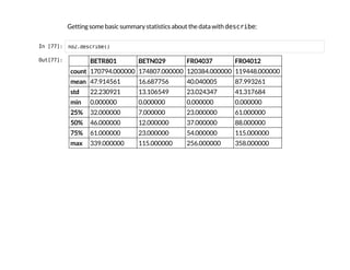 Getting some basic summary statistics about the data with d
e
s
c
r
i
b
e
:
I
n
 
[
7
7
]
: n
o
2
.
d
e
s
c
r
i
b
e
(
)
O
u
t
[
7
7
]
: BETR801 BETN029 FR04037 FR04012
count 170794.000000 174807.000000 120384.000000 119448.000000
mean 47.914561 16.687756 40.040005 87.993261
std 22.230921 13.106549 23.024347 41.317684
min 0.000000 0.000000 0.000000 0.000000
25% 32.000000 7.000000 23.000000 61.000000
50% 46.000000 12.000000 37.000000 88.000000
75% 61.000000 23.000000 54.000000 115.000000
max 339.000000 115.000000 256.000000 358.000000
 