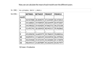 Now, we can calculate the mean of each month over the different years:
I
n
 
[
9
8
]
: n
o
2
.
g
r
o
u
p
b
y
(
'
m
o
n
t
h
'
)
.
m
e
a
n
(
)
O
u
t
[
9
8
]
: BETR801 BETN029 FR04037 FR04012
month
1 50.927088 20.304075 47.634409 82.472813
2 54.168021 19.938929 50.564499 83.973207
3 54.598322 19.424205 47.862715 96.272138
4 51.491741 18.183433 40.943117 95.962862
... ... ... ... ...
9 49.220250 14.605979 39.706019 93.000316
10 50.894911 17.660149 44.010934 86.297836
11 50.254468 19.372193 45.564683 87.173878
12 48.644117 21.007089 45.262243 81.817977
12 rows × 4 columns
 