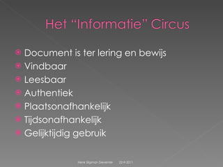 Document is ter lering en bewijs Vindbaar Leesbaar Authentiek Plaatsonafhankelijk Tijdsonafhankelijk  Gelijktijdig gebruik 22-9-2011 Henk Sligman Deventer 
