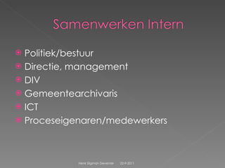 Politiek/bestuur Directie, management DIV Gemeentearchivaris ICT  Proceseigenaren/medewerkers 22-9-2011 Henk Sligman Deventer 
