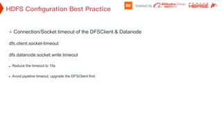 ²  Connection/Socket timeout of the DFSClient & Datanode
dfs.client.socket-timeout
dfs.datanode.socket.write.timeout
l  Reduce the timeout to 15s
l  Avoid pipeline timeout, upgrade the DFSClient first
 