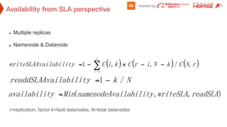 l  Multiple replicas
l  Namenode & Datanode
r=replication, factor k=fault datanodes, N=total datanodes
NkailabilityreaddSLAAv /1 −=
( ) ( ) ( )rN,CkNi,rCki,CailabilitywriteSLAAv
r
=i
/1
1
−−×−= ∑
),,( readSLAwriteSLAailabilitynamenodeAvMintyavailabili =
 
