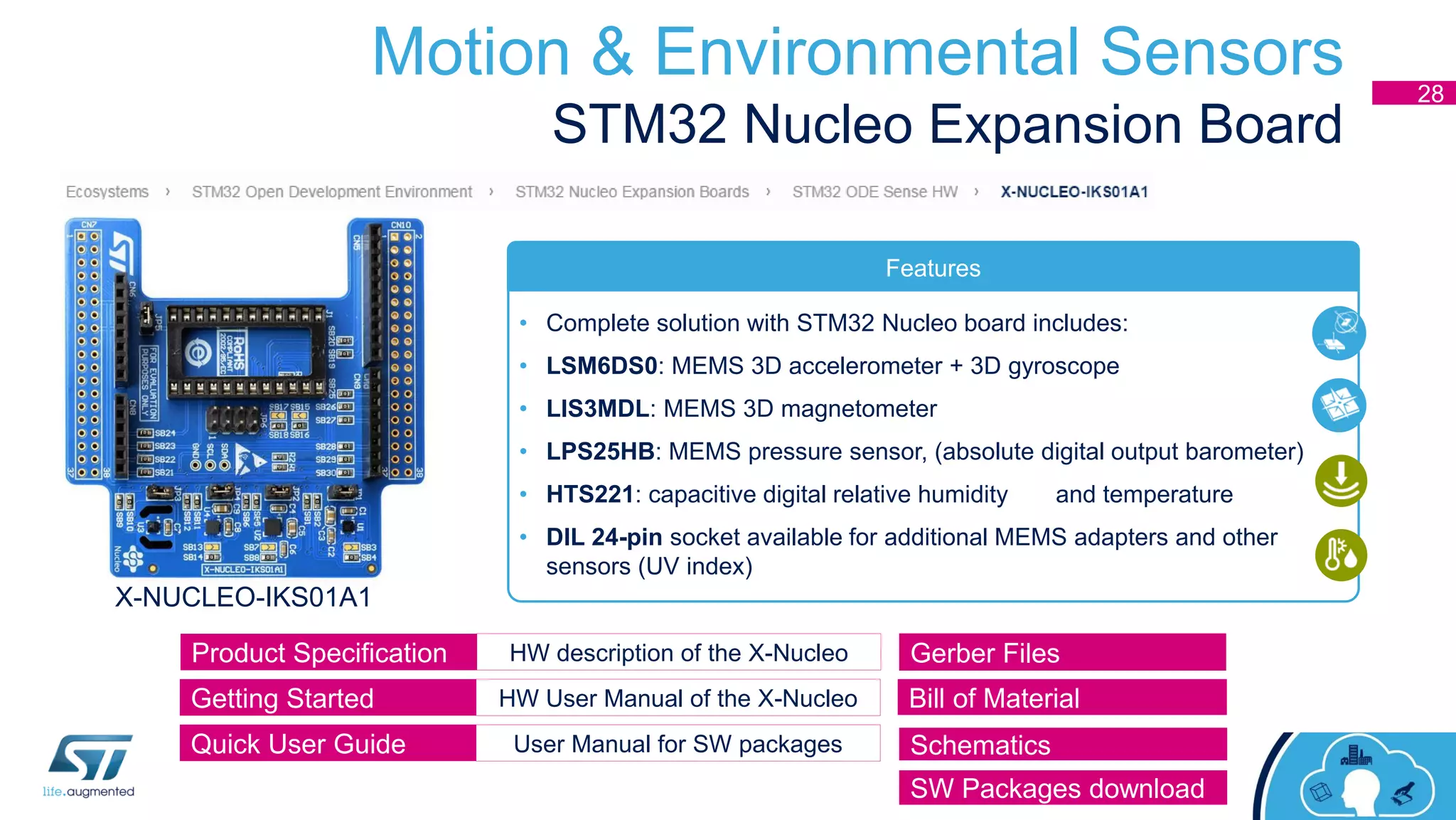 Features
• Complete solution with STM32 Nucleo board includes:
• LSM6DS0: MEMS 3D accelerometer + 3D gyroscope
• LIS3MDL: MEMS 3D magnetometer
• LPS25HB: MEMS pressure sensor, (absolute digital output barometer)
• HTS221: capacitive digital relative humidity and temperature
• DIL 24-pin socket available for additional MEMS adapters and other
sensors (UV index)
Product Specification Gerber Files
Bill of Material
Schematics
SW Packages download
HW description of the X-Nucleo
Getting Started HW User Manual of the X-Nucleo
Quick User Guide User Manual for SW packages
Motion & Environmental Sensors
STM32 Nucleo Expansion Board
28
X-NUCLEO-IKS01A1
 