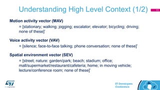 Understanding High Level Context (1/2)
Motion activity vector (MAV)
= [stationary; walking; jogging; escalator; elevator; bicycling; driving;
none of these]’
Voice activity vector (VAV)
= [silence; face-to-face talking; phone conversation; none of these]’
Spatial environment vector (SEV)
= [street; nature: garden/park; beach; stadium; office;
mall/supermarket/restaurant/cafeteria; home; in moving vehicle;
lecture/conference room; none of these]’
11
 