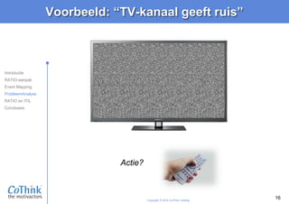 Copyright © 2016 CoThink Holding
Voorbeeld: “TV-kanaal geeft ruis”
16
Actie?
Introductie
RATIO-aanpak
Event Mapping
ProbleemAnalyse
RATIO en ITIL
Conclusies
 