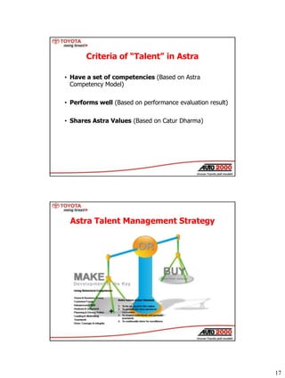 17
Criteria of “Talent” in Astra
• Have a set of competencies (Based on Astra
Competency Model)
• Performs well (Based on ...