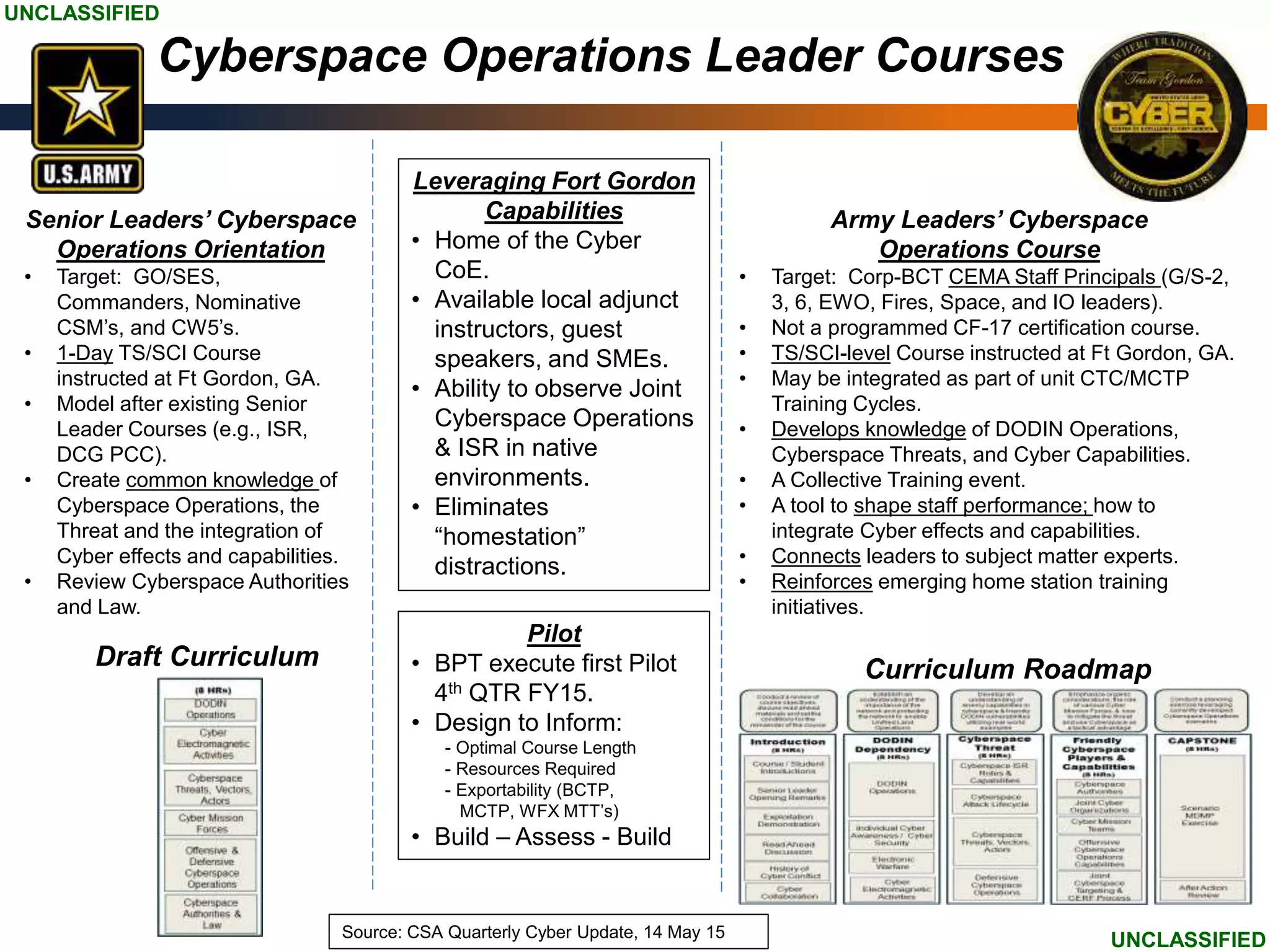 UNCLASSIFIED
UNCLASSIFIED
Army Leaders’ Cyberspace
Operations Course
• Target: Corp-BCT CEMA Staff Principals (G/S-2,
3, 6, EWO, Fires, Space, and IO leaders).
• Not a programmed CF-17 certification course.
• TS/SCI-level Course instructed at Ft Gordon, GA.
• May be integrated as part of unit CTC/MCTP
Training Cycles.
• Develops knowledge of DODIN Operations,
Cyberspace Threats, and Cyber Capabilities.
• A Collective Training event.
• A tool to shape staff performance; how to
integrate Cyber effects and capabilities.
• Connects leaders to subject matter experts.
• Reinforces emerging home station training
initiatives.
Curriculum Roadmap
Leveraging Fort Gordon
Capabilities
• Home of the Cyber
CoE.
• Available local adjunct
instructors, guest
speakers, and SMEs.
• Ability to observe Joint
Cyberspace Operations
& ISR in native
environments.
• Eliminates
“homestation”
distractions.
Pilot
• BPT execute first Pilot
4th QTR FY15.
• Design to Inform:
- Optimal Course Length
- Resources Required
- Exportability (BCTP,
MCTP, WFX MTT’s)
• Build – Assess - Build
Draft Curriculum
Senior Leaders’ Cyberspace
Operations Orientation
• Target: GO/SES,
Commanders, Nominative
CSM’s, and CW5’s.
• 1-Day TS/SCI Course
instructed at Ft Gordon, GA.
• Model after existing Senior
Leader Courses (e.g., ISR,
DCG PCC).
• Create common knowledge of
Cyberspace Operations, the
Threat and the integration of
Cyber effects and capabilities.
• Review Cyberspace Authorities
and Law.
Source: CSA Quarterly Cyber Update, 14 May 15
Cyberspace Operations Leader Courses
 