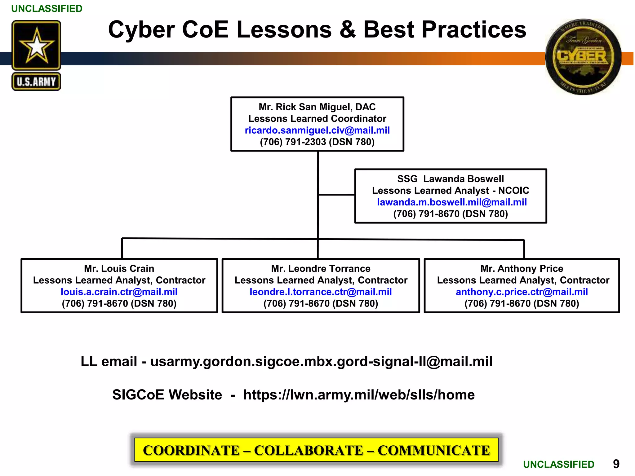 UNCLASSIFIED
UNCLASSIFIED 9
Cyber CoE Lessons & Best Practices
COORDINATE – COLLABORATE – COMMUNICATE
Mr. Leondre Torrance
Lessons Learned Analyst, Contractor
leondre.l.torrance.ctr@mail.mil
(706) 791-8670 (DSN 780)
Mr. Anthony Price
Lessons Learned Analyst, Contractor
anthony.c.price.ctr@mail.mil
(706) 791-8670 (DSN 780)
Mr. Louis Crain
Lessons Learned Analyst, Contractor
louis.a.crain.ctr@mail.mil
(706) 791-8670 (DSN 780)
Mr. Rick San Miguel, DAC
Lessons Learned Coordinator
ricardo.sanmiguel.civ@mail.mil
(706) 791-2303 (DSN 780)
SSG Lawanda Boswell
Lessons Learned Analyst - NCOIC
lawanda.m.boswell.mil@mail.mil
(706) 791-8670 (DSN 780)
SIGCoE Website - https://lwn.army.mil/web/slls/home
LL email - usarmy.gordon.sigcoe.mbx.gord-signal-ll@mail.mil
 