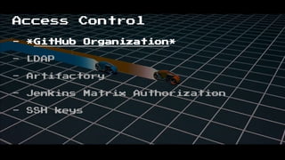 Access Control
- *GitHub Organization*
- LDAP
- Artifactory
- Jenkins Matrix Authorization
- SSH keys
 
