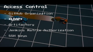 Access Control
- GitHub Organization
- *LDAP*
- Artifactory
- Jenkins Matrix Authorization
- SSH keys
 