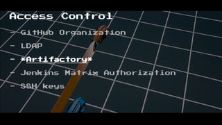 Access Control
- GitHub Organization
- LDAP
- *Artifactory*
- Jenkins Matrix Authorization
- SSH keys
 