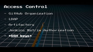 Access Control
- GitHub Organization
- LDAP
- Artifactory
- Jenkins Matrix Authorization
- *SSH keys*
 