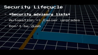 Security Lifecycle
- *Security advisory lists*
- Automation => Easier upgrades
- Don't be dumb
 