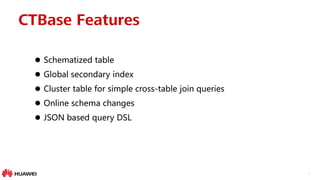 4
CTBase Features
 Schematized table
 Global secondary index
 Cluster table for simple cross-table join queries
 Online schema changes
 JSON based query DSL
 