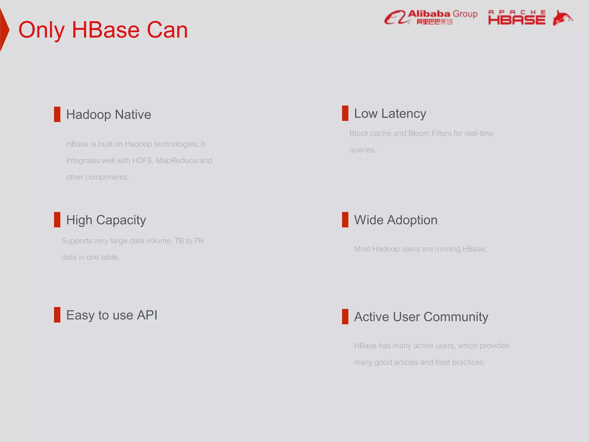 Only HBase Can
Hadoop Native
Wide Adoption
Most Hadoop users are running HBase;
Low Latency
Easy to use API
HBase is built on Hadoop technologies;It
Integrates well with HDFS, MapReduce and
other components.
Block cache and Bloom Filters for real-time
queries.
High Capacity
Supports very large data volume, TB to PB
data in one table.
Active User Community
HBase has many active users, which provides
many good articles and best practices.
 