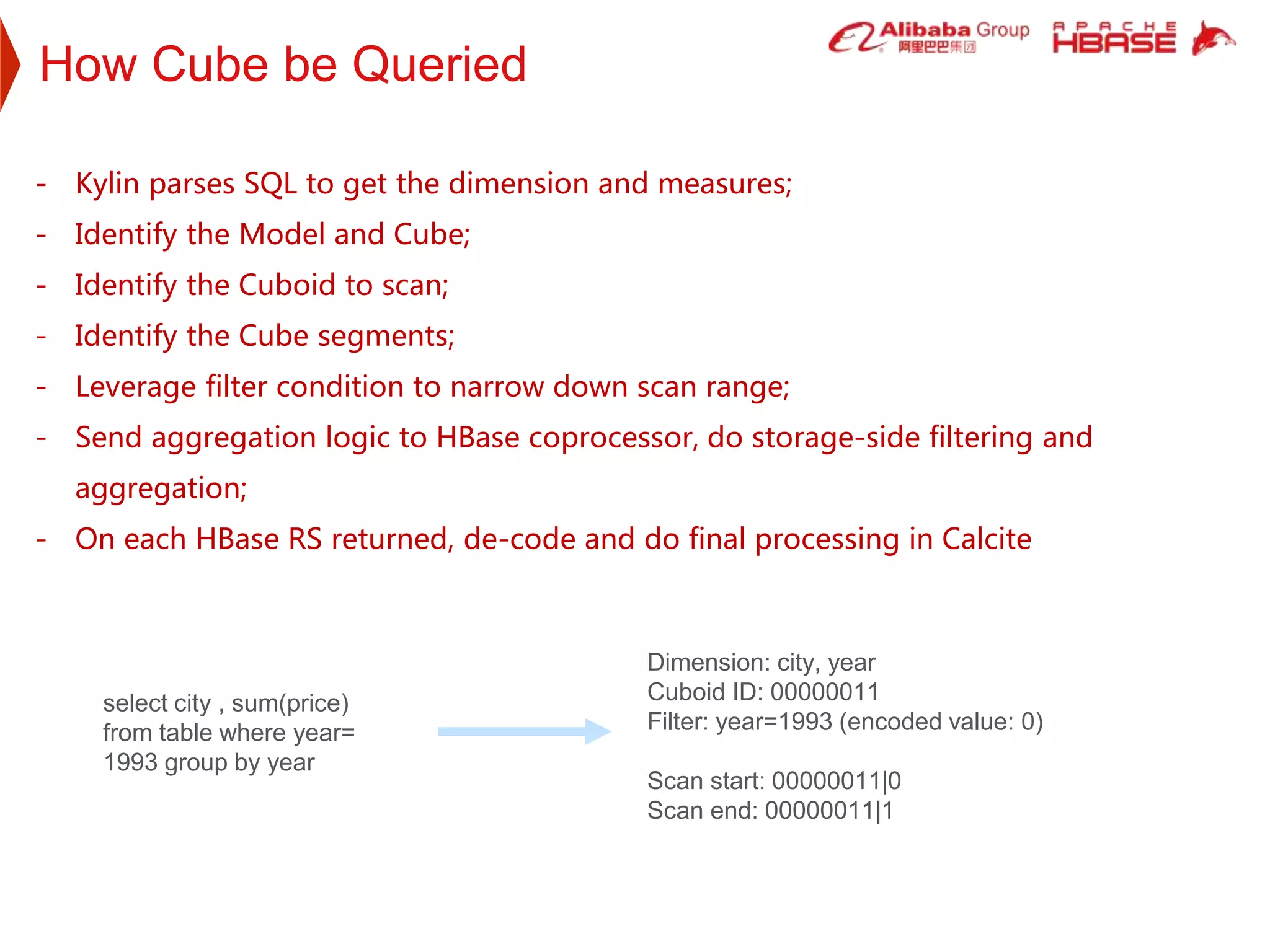 How Cube be Queried
- Kylin parses SQL to get the dimension and measures;
- Identify the Model and Cube;
- Identify the Cuboid to scan;
- Identify the Cube segments;
- Leverage filter condition to narrow down scan range;
- Send aggregation logic to HBase coprocessor, do storage-side filtering and
aggregation;
- On each HBase RS returned, de-code and do final processing in Calcite
select city , sum(price)
from table where year=
1993 group by year
Dimension: city, year
Cuboid ID: 00000011
Filter: year=1993 (encoded value: 0)
Scan start: 00000011|0
Scan end: 00000011|1
 