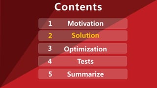 Motivation1
Contents
Solution2
Optimization3
Tests4
Summarize5
 