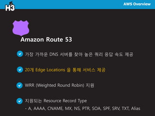 AWS Overview
가장 가까운 DNS 서버를 찾아 높은 쿼리 응답 속도 제공
20개 Edge Locations 을 통해 서비스 제공
WRR (Weighted Round Robin) 지원
지원되는 Resource Record Type
- A, AAAA, CNAME, MX, NS, PTR, SOA, SPF, SRV, TXT, Alias
Amazon Route 53
 
