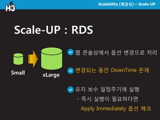 Scalability (확장성) – Scale-UP
Scale-UP : RDS
웹 콘솔상에서 옵션 변경으로 처리
변경되는 동안 DownTime 존재
유지 보수 일정주기에 실행
- 즉시 실행이 필요하다면
Apply Immediately 옵션 체크
Small xLarge
 