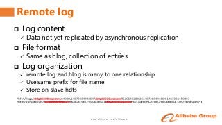 www.aliyun.com/aliware
Remote log
 Log content
 Data not yet replicated by asynchronous replication
 File format
 Same as hlog, collection of entries
 Log organization
 remote log and hlog is many to one relationship
 Use same prefix for file name
 Store on slave hdfs
 