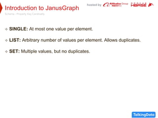 hosted by
Introduction to JanusGraph
Schema - Property Key Cardinality
 SINGLE: At most one value per element.
 LIST: Arbitrary number of values per element. Allows duplicates.
 SET: Multiple values, but no duplicates.
 