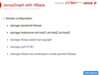 hosted by
JanusGraph with HBase
HBase – Perfect Storage Backend for JanusGraph
 Simple configuration
 storage.backend=hbase
 storage.hostname=zk-host1,zk-host2,zk-host3
 storage.hbase.table=janusgraph
 storage.port=2181
 storage.hbase.ext.zookeeper.znode.parent=/hbase
 