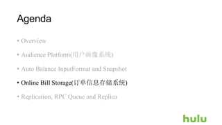 Agenda
• Overview
• Audience Platform(用户画像系统)
• Auto Balance InputFormat and Snapshot
• Online Bill Storage(订单信息存储系统)
• Replication, RPC Queue and Replica
 