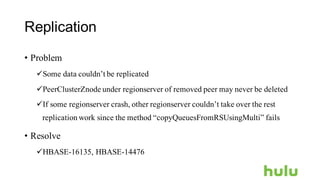 Replication
• Problem
üSome data couldn’t be replicated
üPeerClusterZnode under regionserver of removed peer may never be deleted
üIf some regionserver crash, other regionserver couldn’t take over the rest
replication work since the method “copyQueuesFromRSUsingMulti” fails
• Resolve
üHBASE-16135, HBASE-14476
 