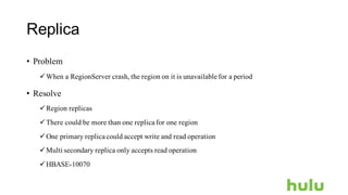 Replica
• Problem
üWhen a RegionServer crash, the region on it is unavailable for a period
• Resolve
üRegion replicas
üThere could be more than one replica for one region
üOne primary replica could accept write and read operation
üMulti secondary replica only accepts read operation
üHBASE-10070
 