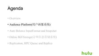 Agenda
• Overview
• Audience Platform(用户画像系统)
• Auto Balance InputFormat and Snapshot
• Online Bill Storage(订单信息存储系统)
• Replication, RPC Queue and Replica
 