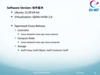 Software Version: 软件版本
   Ubuntu 12.04 64-bit
   Virtualization: QEMU-KVM-1.0

   Openstack Essex Release
      Controller
        nova-network nova-api nova-volume
      Compute Node
        nova-network nova-api nova-compute
      Storage
        Swift Proxy, Swift Object, Swift Container, Swift




                       CIeNET PROPRIETARY                    9/2/2012   16
 