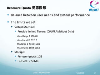 Resource Quota 资源限额
 Balance between user needs and system performance
 The limits we set:
   Virtual Machine:
     Provide limited flavors: (CPU/RAM/Root Disk)
      cloud.large 2 1024 0
      cloud.small 1 512 0
      TAS.large 2 2048 15GB
      TAS.small 1 1024 15GB
   Storage:
     Per user quota: 1GB
     File Size: < 50MB


                     CIeNET PROPRIETARY              9/2/2012   24
 