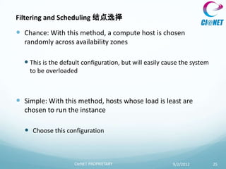 Filtering and Scheduling 结点选择

 Chance: With this method, a compute host is chosen
  randomly across availability zones

   This is the default configuration, but will easily cause the system
    to be overloaded



 Simple: With this method, hosts whose load is least are
  chosen to run the instance

   Choose this configuration



                    CIeNET PROPRIETARY                   9/2/2012         25
 