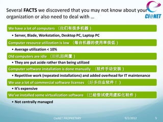 Several FACTS we discovered that you may not know about your
organization or also need to deal with …

We have a lot of computers （我们有很多机器）
  • Server, Blade, Workstation, Desktop PC, Laptop PC
Computer resource utilization is low （每台机器的使用率很低）
  • Average utilization < 10%
Old computers are idle （旧机器闲置）
 • They are put aside rather than being utilized
Computer software installation is done manually （软件手动安装）
  • Repetitive work (repeated installations) and added overhead for IT maintenance
We use a lot of commercial software licenses （好多商业软件！）
 • It’s expensive
We’ve installed some virtualization software （已经尝试使用虚拟化软件）
  • Not centrally managed


                            CIeNET PROPRIETARY                     9/2/2012          5
 