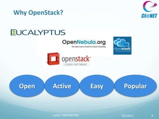 Why OpenStack?




 Open      Active              Easy    Popular


          CIeNET PROPRIETARY          9/2/2012   9
 