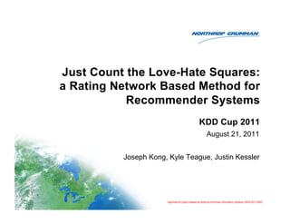Just Count the Love-Hate Squares:
a Rating Network Based Method for
           Recommender Systems
                                                 KDD Cup 2011
                                                        August 21, 2011


          Joseph Kong, Kyle Teague, Justin Kessler




                      Approved for public release by Northrop Grumman Information Systems, ISHQ-2011-0042
 