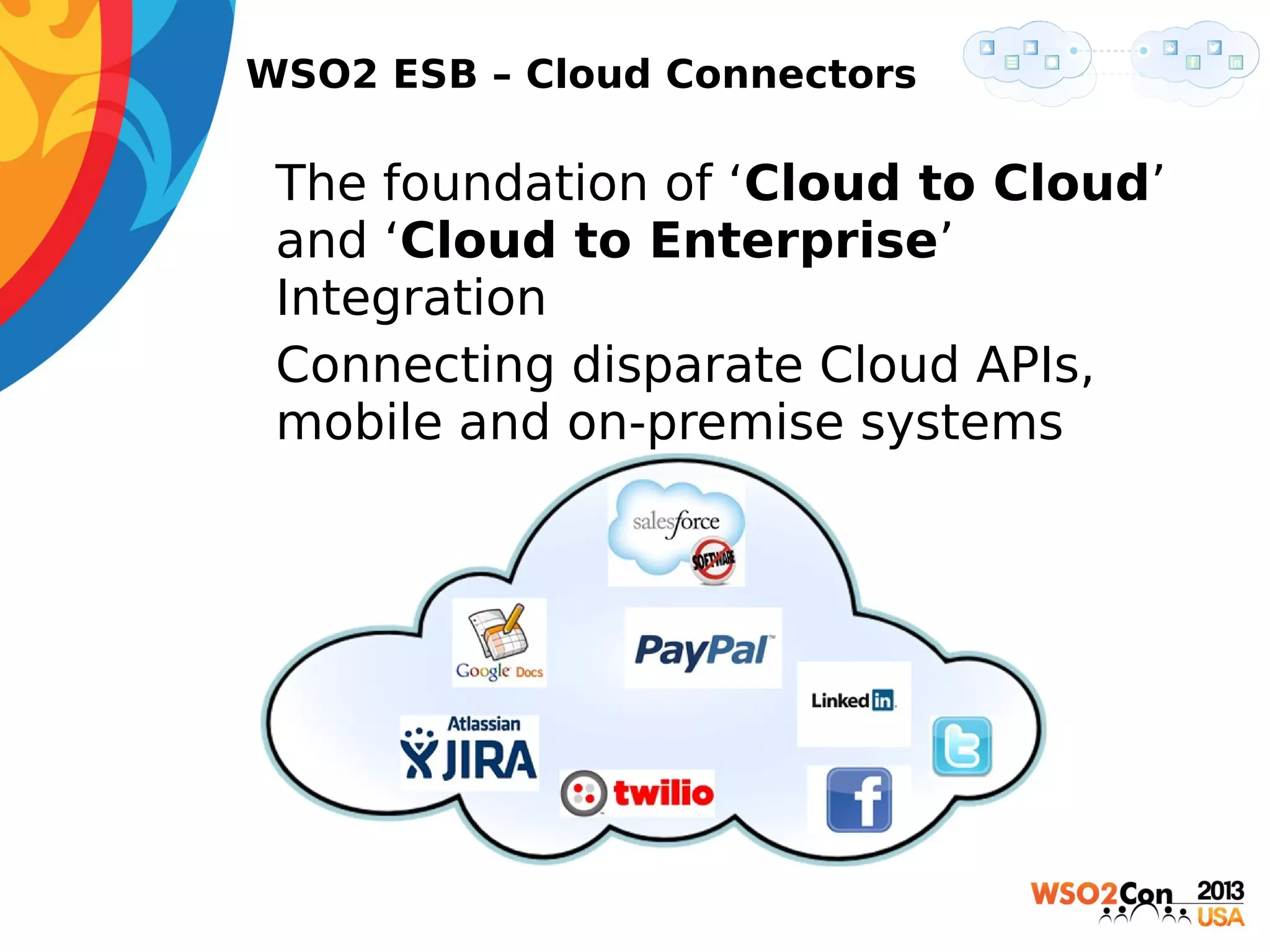 WSO2 ESB – Cloud Connectors

• The foundation of ‘Cloud to Cloud’
and ‘Cloud to Enterprise’
Integration
• Connecting disparate Cloud APIs,
mobile and on-premise systems

 