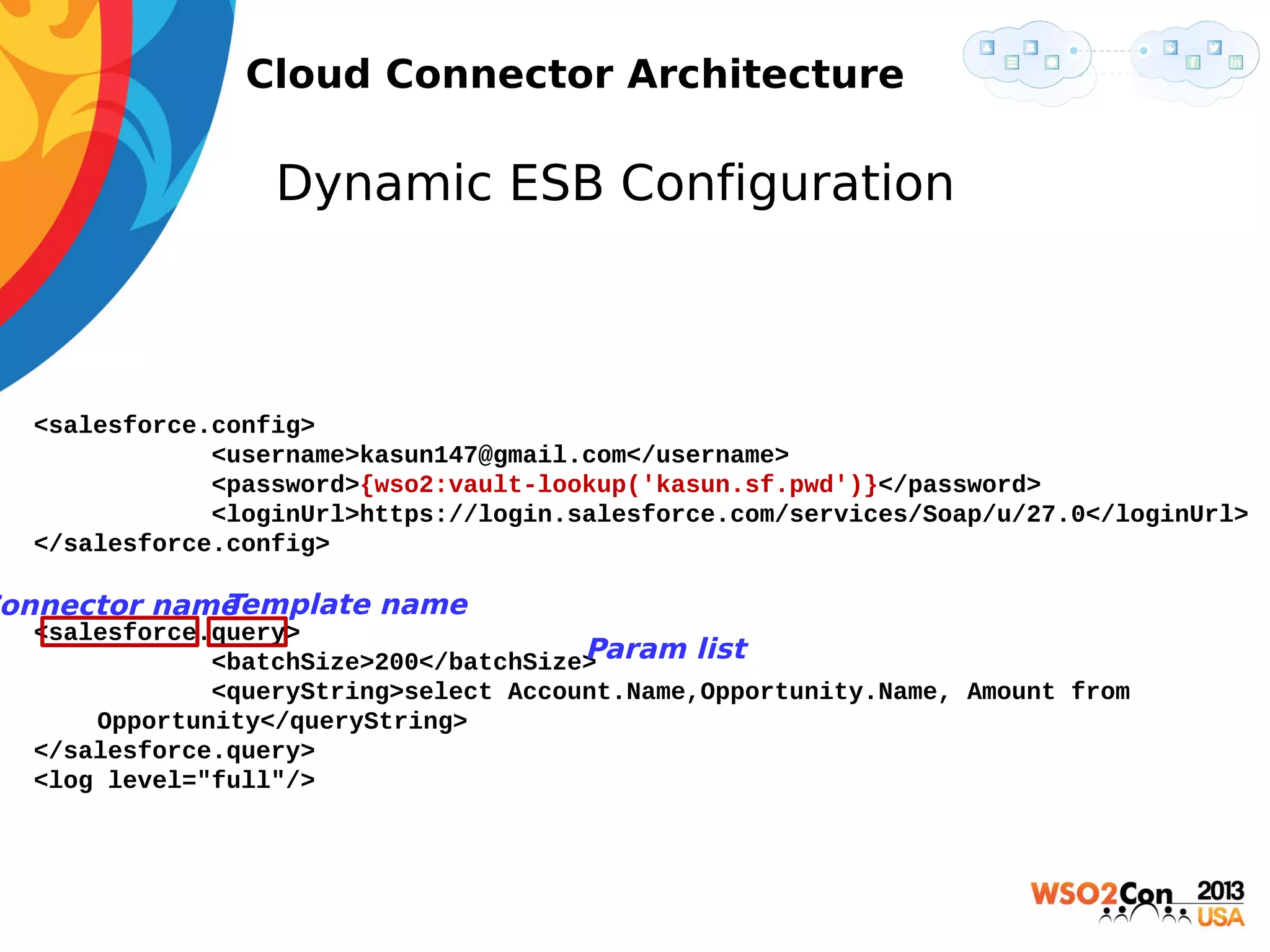 Cloud Connector Architecture

• Dynamic ESB Configuration

<salesforce.config>
<username>kasun147@gmail.com</username>
<password>{wso2:vault-lookup('kasun.sf.pwd')}</password>
<loginUrl>https://login.salesforce.com/services/Soap/u/27.0</loginUrl>
</salesforce.config>

Template name
onnector name

<salesforce.query>
Param list
<batchSize>200</batchSize>
<queryString>select Account.Name,Opportunity.Name, Amount from
Opportunity</queryString>
</salesforce.query>
<log level="full"/>

 