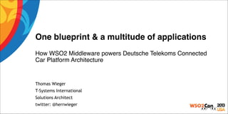One blueprint & a multitude of applications!
!
How WSO2 Middleware powers Deutsche Telekoms Connected
Car Platform Architecture

Thomas Wieger
T-Systems International
Solutions Architect
twitter: @herrwieger

 
