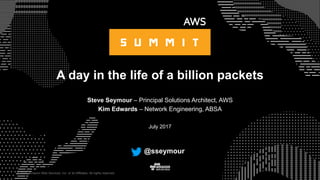 © 2015, Amazon Web Services, Inc. or its Affiliates. All rights reserved.
Steve Seymour – Principal Solutions Architect, AWS
Kim Edwards – Network Engineering, ABSA
July 2017
A day in the life of a billion packets
@sseymour
 