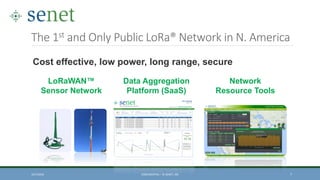 The 1st and Only Public LoRa® Network in N. America
10/7/2016 CONFIDENTIAL – © SENET, INC 7
LoRaWAN™
Sensor Network
Data Aggregation
Platform (SaaS)
Network
Resource Tools
Cost effective, low power, long range, secure
 