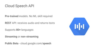 Pre-trained models. No ML skill required
REST API: receives audio and returns texts
Supports 80+ languages
Streaming or non-streaming
Public Beta - cloud.google.com/speech
Cloud Speech API
 