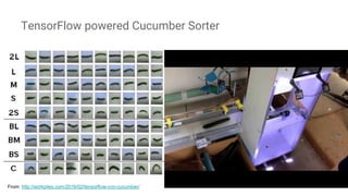 TensorFlow powered Cucumber Sorter
From: http://workpiles.com/2016/02/tensorflow-cnn-cucumber/
 