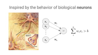 xn
> b?
w1
wn
x2
x1
Inspired by the behavior of biological neurons
 