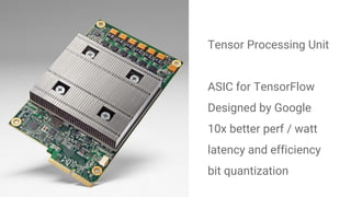 Tensor Processing Unit
ASIC for TensorFlow
Designed by Google
10x better perf / watt
latency and efficiency
bit quantization
 